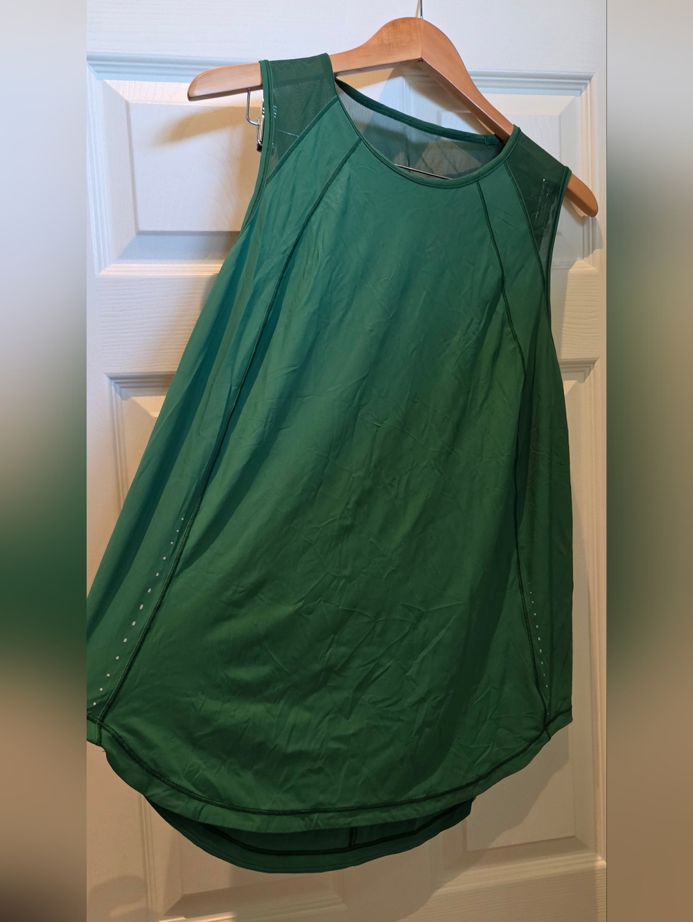 Green Lululemon Tank Top with Flowy A-Line Cut, Mesh Shoulders, And Back Cutout